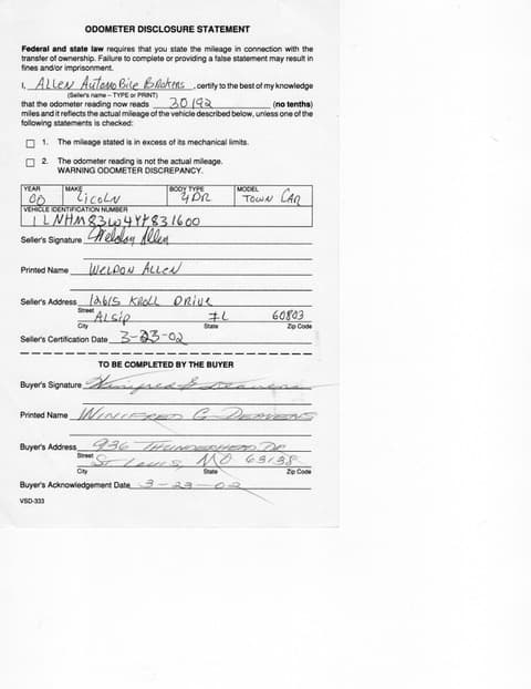 Handwritten Odometer Statement